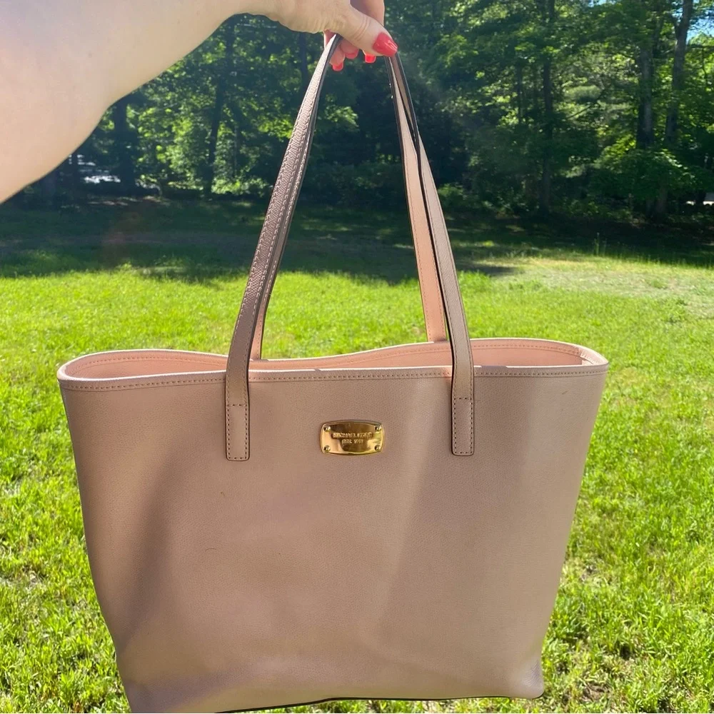 MICHAEL KORS TOTE BAG PINK SAFFIANO TEXTURED LEATHER 2 STRAPS ZIP CENTER LARGE